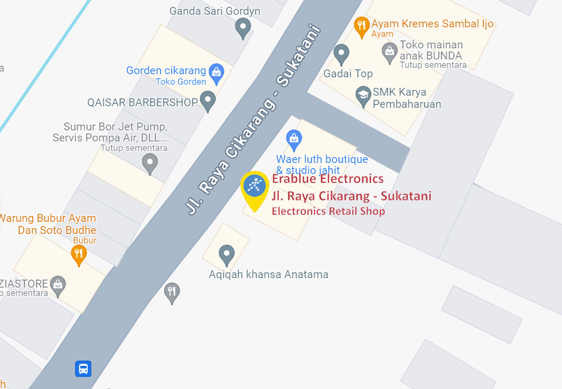 Peta ke toko EraBlue di  Jl. Raya Cikarang - Sukatani, Kp. Sukamantri, RT 002, RW 006, Sukaraya, Karang Bahagia, Kab. Bekasi, Jawa Barat